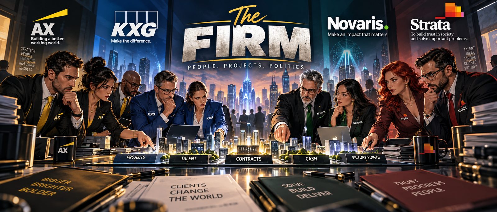 Executives from four consulting firms lean over a lit city model marked Projects, Talent, Contracts, Cash and Victory Points. The logo above them reads The FIRM: People. Projects. Politics.