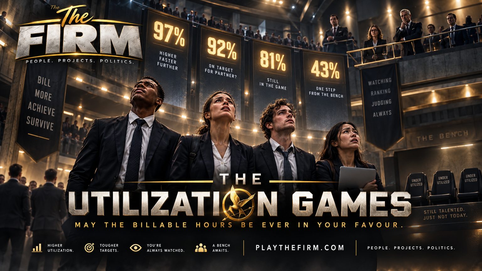 Four consultants in suits stand in a floodlit arena looking up at hanging banners showing utilization percentages, while tiers of onlookers watch from balconies. The title reads The Utilization Games. Seats to the right are labelled Under Utilized, beneath a sign reading The Bench.
