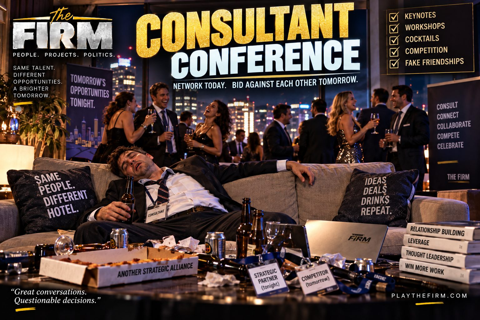 A consultant lies collapsed on a hotel sofa holding a beer, surrounded by empty cans and pizza boxes, while a rooftop networking party carries on behind him. A checklist reads Keynotes, Workshops, Cocktails, Competition, Fake Friendships. Name badges on the table read Strategic Partner, tonight, and Competitor, tomorrow.