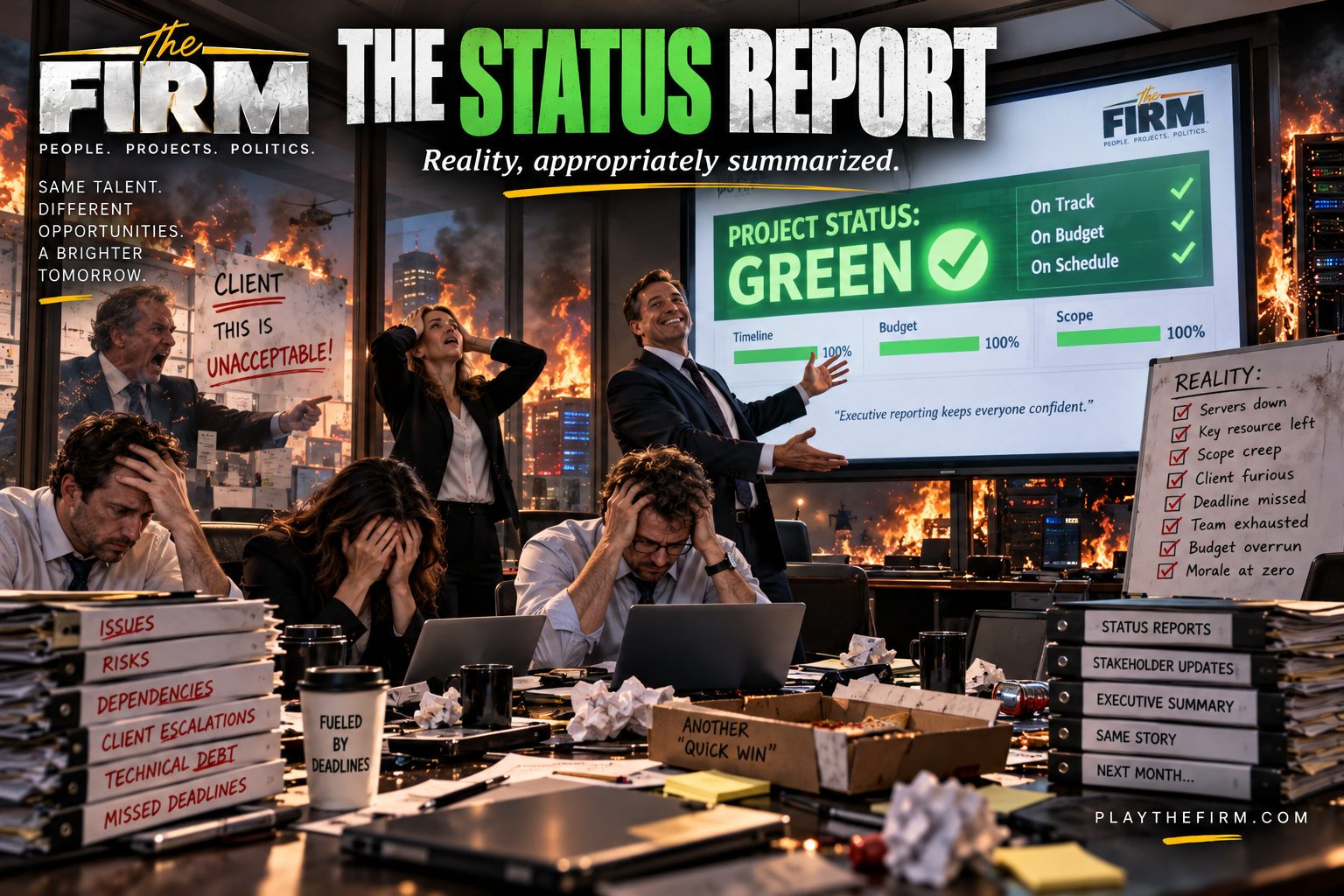 A smiling consultant presents a green dashboard reading Project Status: Green, On Track, On Budget, On Schedule, while the office burns behind him, three colleagues hold their heads in their hands and a whiteboard headed Reality lists servers down, client furious, team exhausted and morale at zero.
