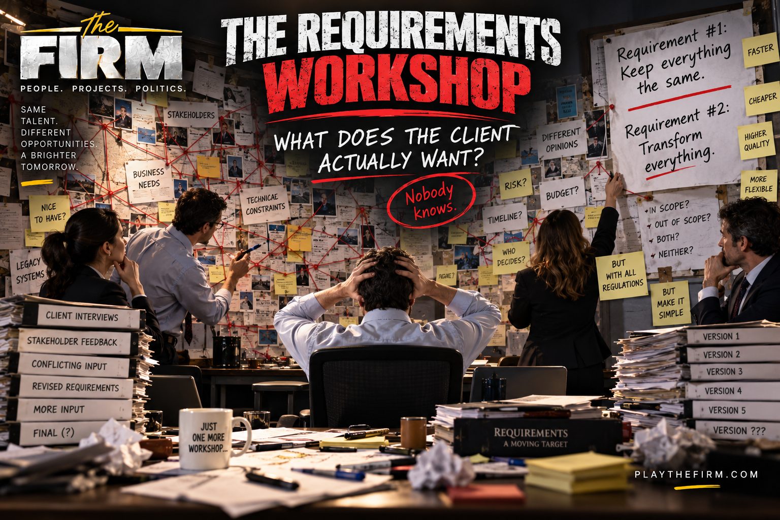 Consultants work in a dim room whose walls are covered in photographs joined by red string. A flip chart reads Requirement number one, keep everything the same; Requirement number two, transform everything. A man sits with his hands on his head. Sticky notes read Faster, Cheaper, Higher Quality, More Flexible, and a red circle on the wall reads Nobody knows.