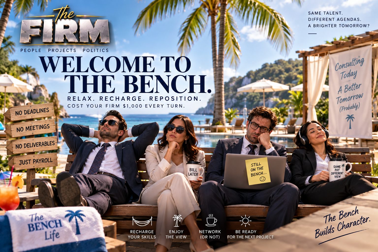 Four bored consultants in suits slump on a bench at a tropical resort. A signpost reads No Deadlines, No Meetings, No Deliverables, Just Payroll. A sticky note reads Still on the bench, and a banner reads Consulting Today, A Better Tomorrow (Probably).