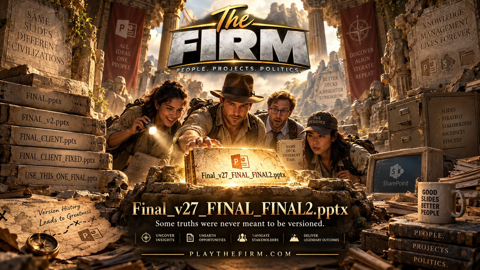Adventurers in an ancient jungle temple reach for a glowing stone tablet inscribed Final_v27_FINAL_FINAL2.pptx. The steps beside them are carved with earlier filenames, and a monitor set into the ruins displays SharePoint.