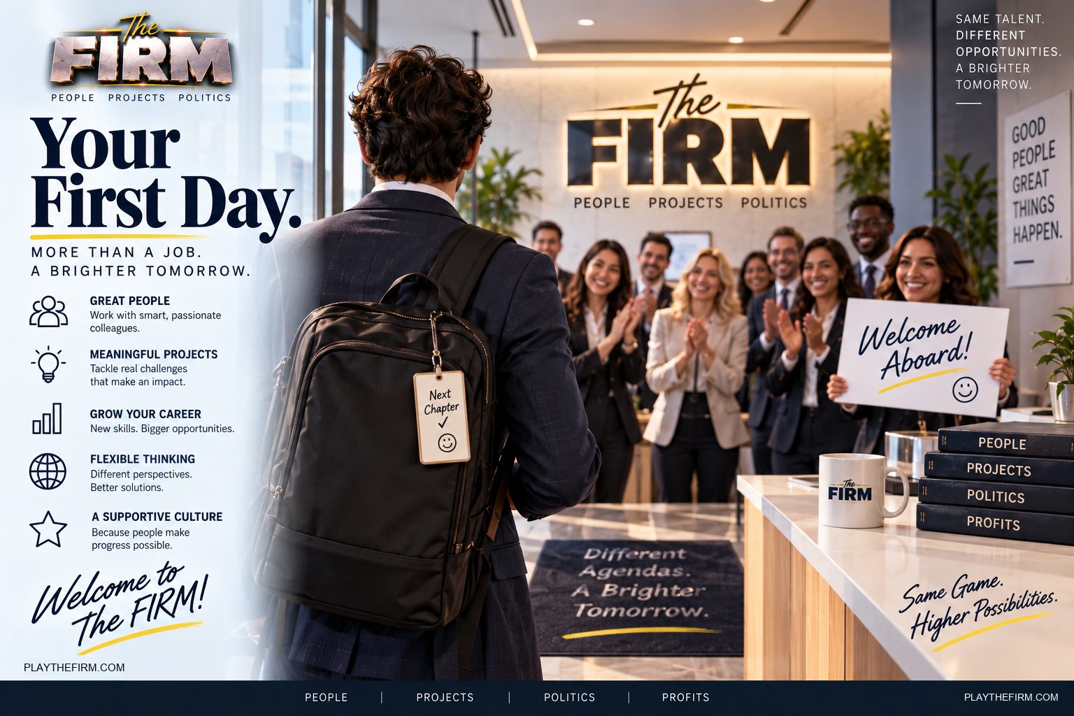 A new hire with a backpack faces a line of applauding colleagues in a bright lobby. One holds a sign reading Welcome Aboard. The wall behind them reads The FIRM: People, Projects, Politics, and the door mat reads Different Agendas. A Brighter Tomorrow.