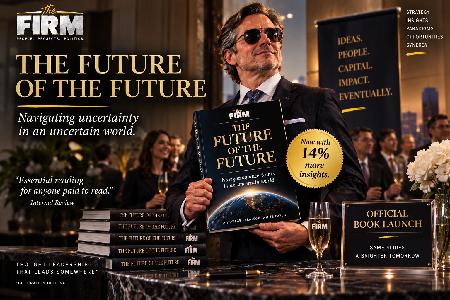 A partner in sunglasses holds up a hardback titled The Future of the Future at a black-tie launch, a gold seal on the cover reading Now with 14% more insights. Stacked copies sit on a marble table beside a sign reading Official Book Launch: Same Slides. A Brighter Tomorrow.