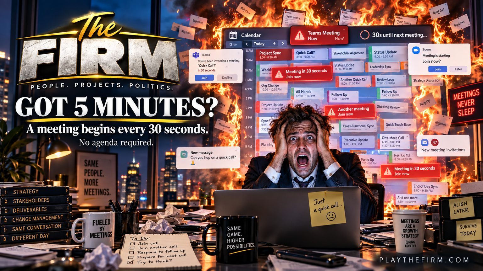 A man clutches his head at a desk while a burning wall of calendar entries and meeting notifications surrounds him. Signs read Meetings Never Sleep and Same People, More Meetings. A counter shows 47 new meeting invitations.