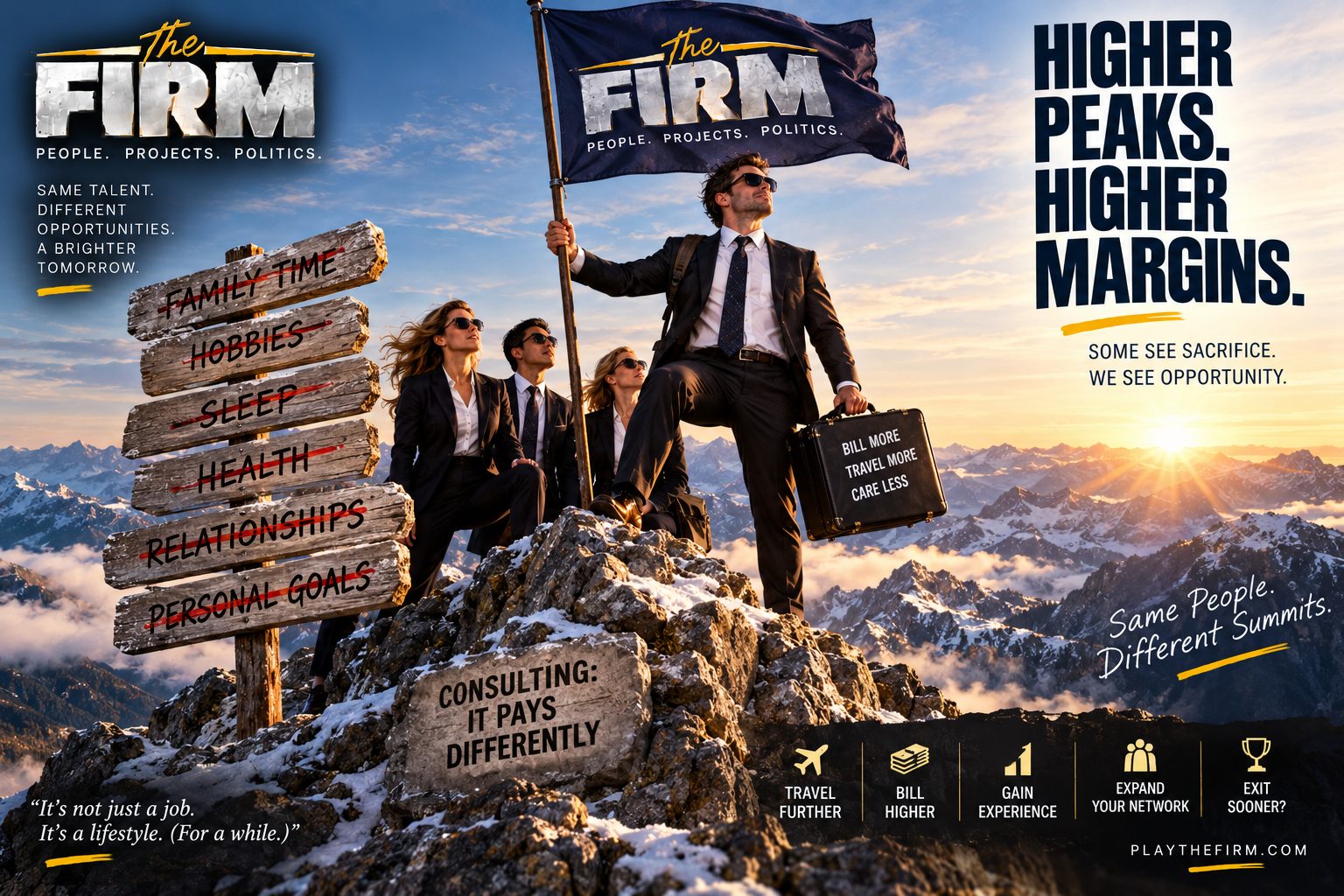 Four consultants in suits and sunglasses stand on a snowy summit at sunrise with a The FIRM flag. A wooden signpost beside them lists Family Time, Hobbies, Sleep, Health, Relationships and Personal Goals, all crossed out in red. A rock in the foreground is carved Consulting: It Pays Differently.