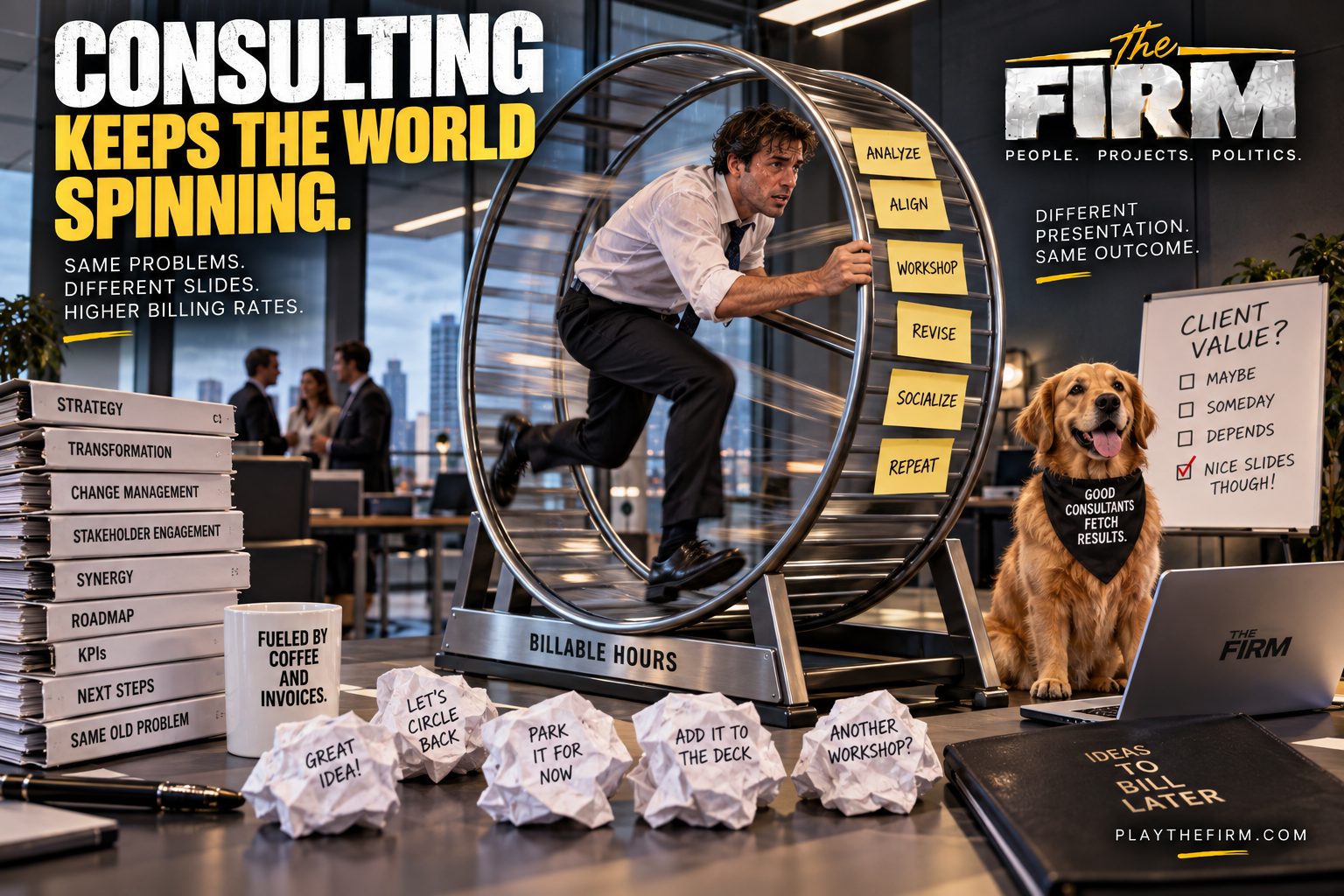 A consultant runs inside a giant hamster wheel labelled Billable Hours, its rim covered in sticky notes reading Analyze, Align, Workshop, Revise, Socialize, Repeat. A golden retriever wearing a bandana reading Good Consultants Fetch Results sits beside a flip chart headed Client Value.