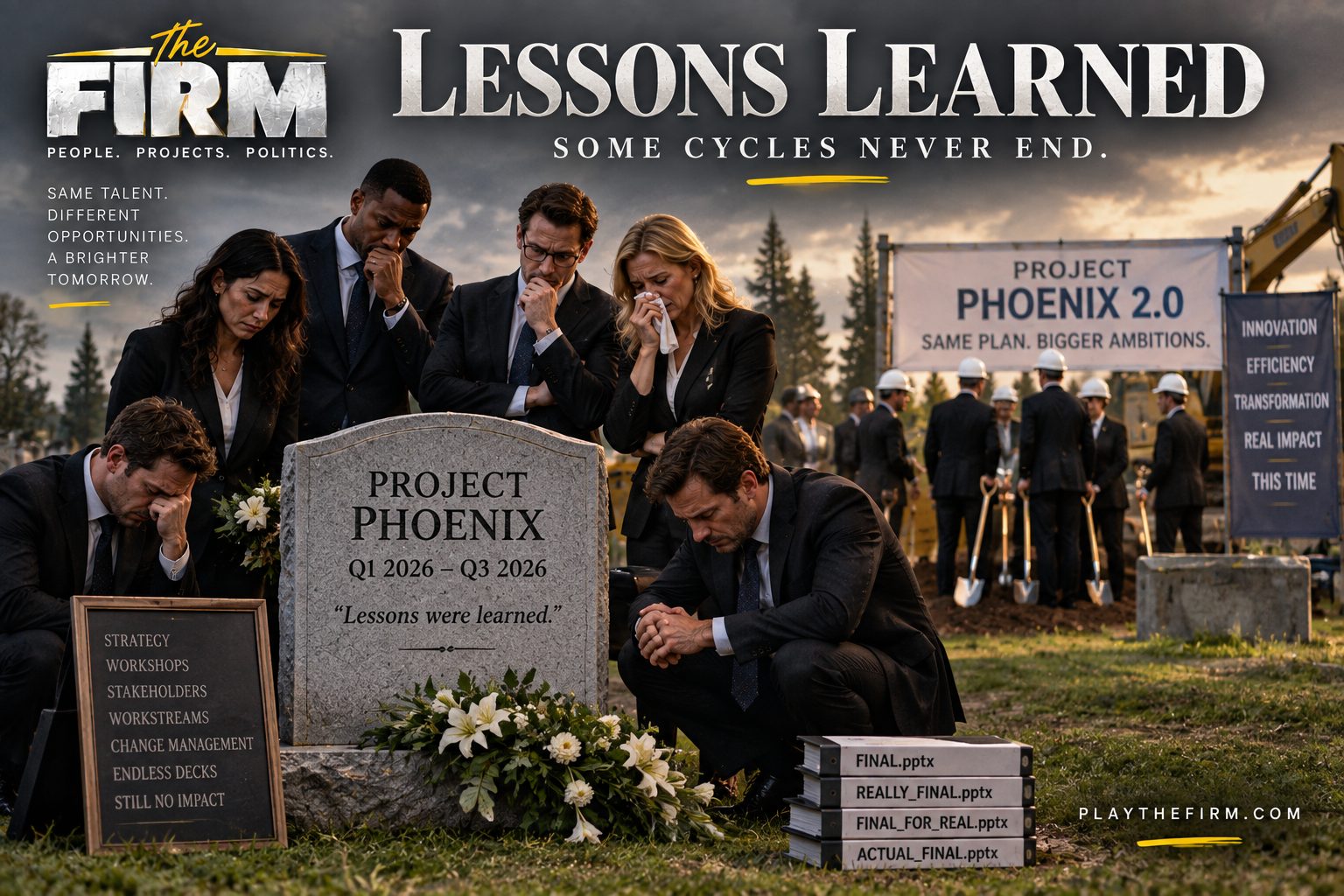 Consultants in black stand mourning at a graveside. The headstone reads Project Phoenix, Q1 2026 to Q3 2026, Lessons were learned. Behind them a groundbreaking ceremony is under way beneath a banner reading Project Phoenix 2.0: Same Plan. Bigger Ambitions.