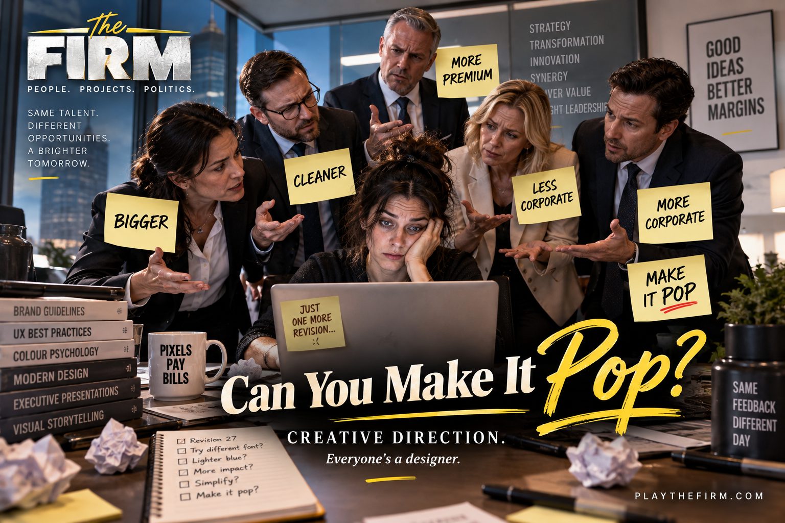 A tired designer rests her head on one hand at a laptop while six colleagues gesture around her, each attached to a sticky note reading Bigger, Cleaner, More Premium, Less Corporate, More Corporate, and Make It Pop. A notepad lists revision 27 and a mug reads Pixels Pay Bills.