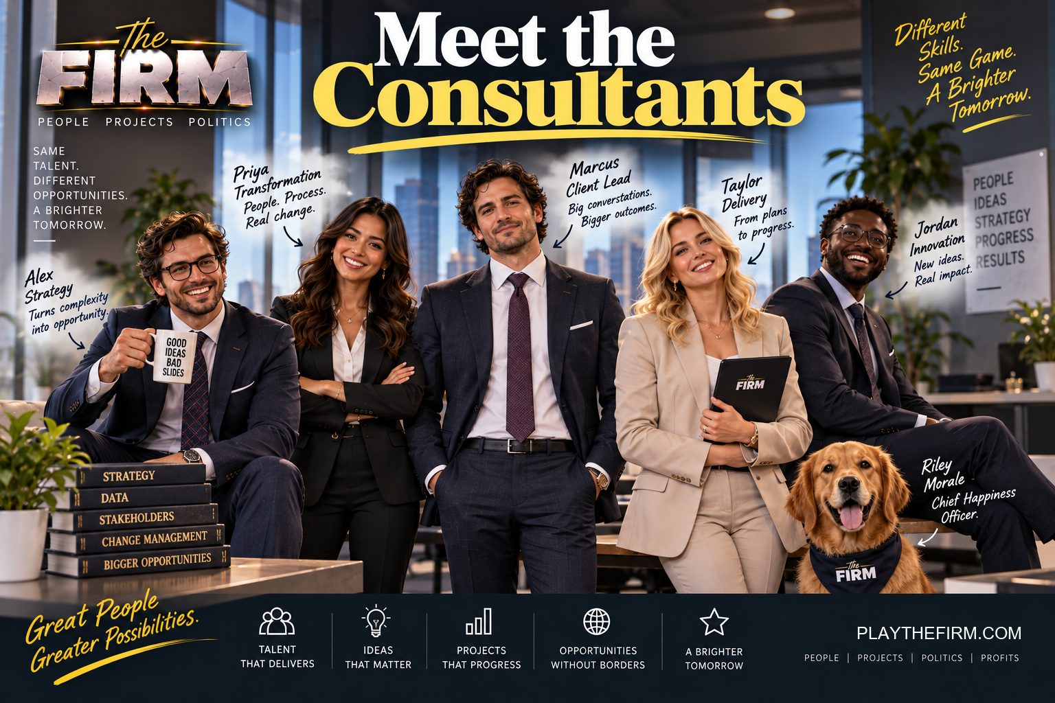 Five consultants and a golden retriever pose in a glass-walled office, each labelled in handwriting: Alex Strategy, Priya Transformation, Marcus Client Lead, Taylor Delivery, Jordan Innovation, and Riley Morale, Chief Happiness Officer. The headline reads Meet the Consultants, and a stack of books beside them is labelled Strategy, Data, Stakeholders, Change Management, Bigger Opportunities.