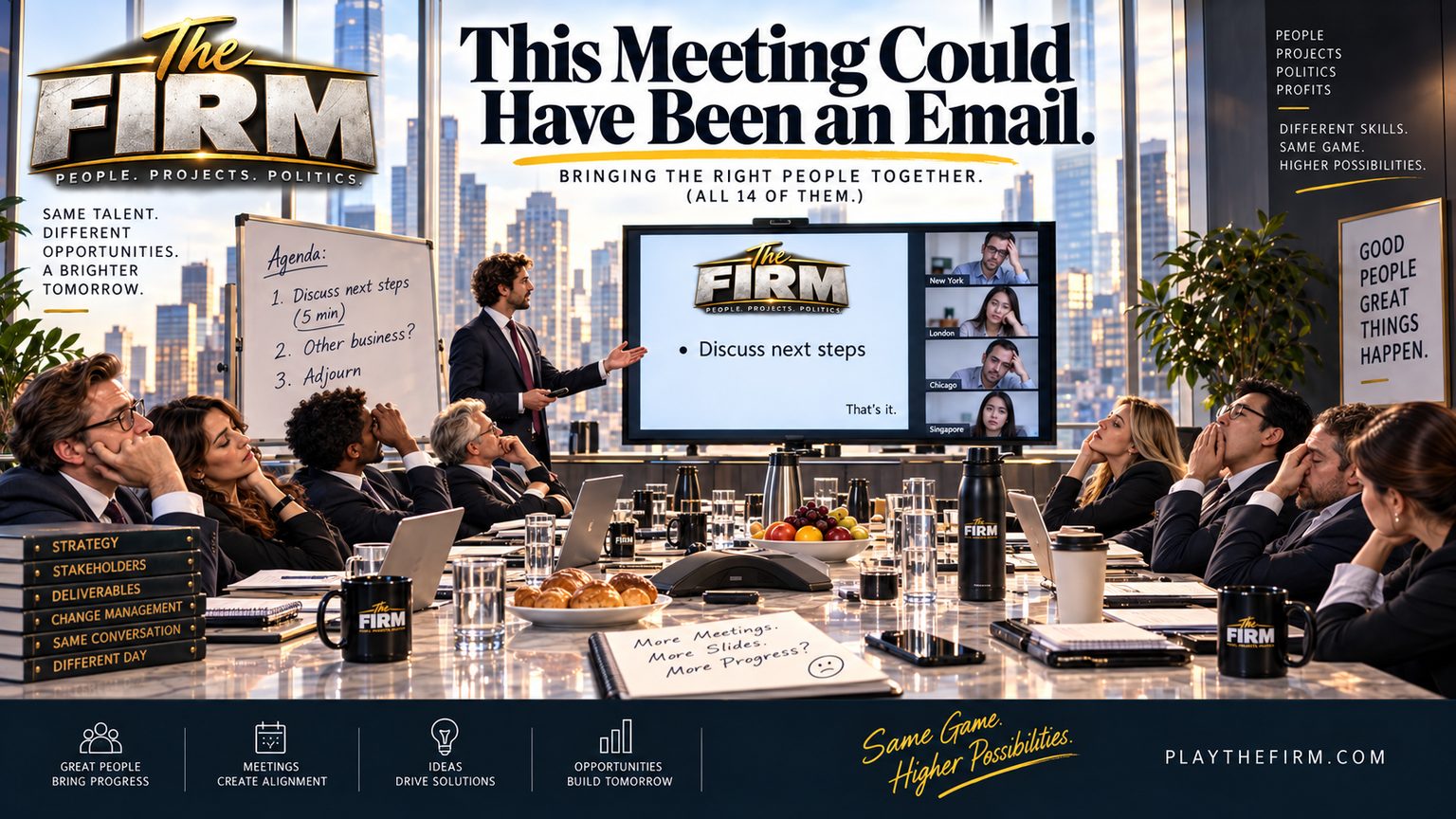 Fourteen consultants sit around a long boardroom table, most holding their heads or looking away, while one presents a slide containing the single bullet point Discuss next steps. Four colleagues attend on screen from New York, London, Chicago and Singapore. A notepad reads More Meetings. More Slides. More Progress?