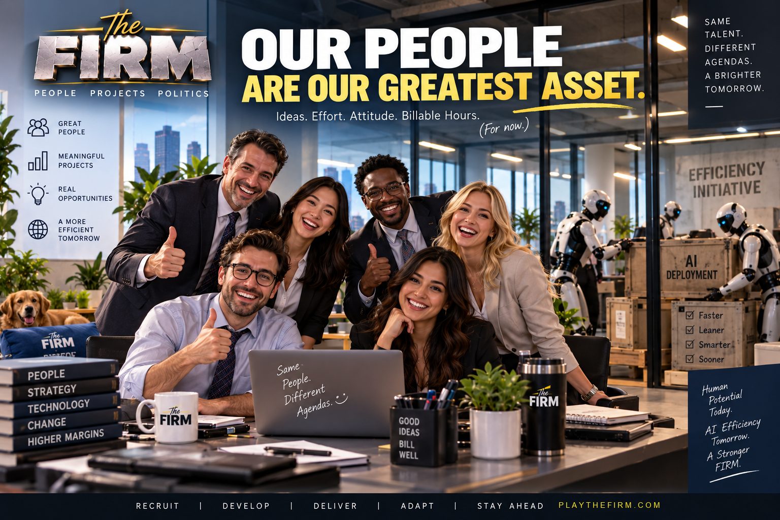 Six smiling consultants give thumbs-up around a desk. Through a glass wall behind them, humanoid robots unpack crates marked AI DEPLOYMENT beneath a sign reading EFFICIENCY INITIATIVE, with a checklist: Faster, Leaner, Smarter, Sooner.