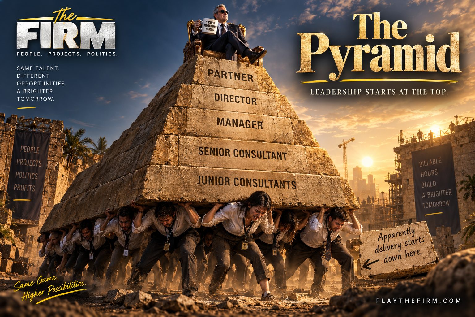 A stone pyramid at sunset with its tiers carved Partner, Director, Manager, Senior Consultant and Junior Consultants. A row of exhausted junior staff physically carry the base on their shoulders while a partner sits on a throne at the summit. Banners read People Projects Politics Profits, and Billable Hours Build A Brighter Tomorrow.
