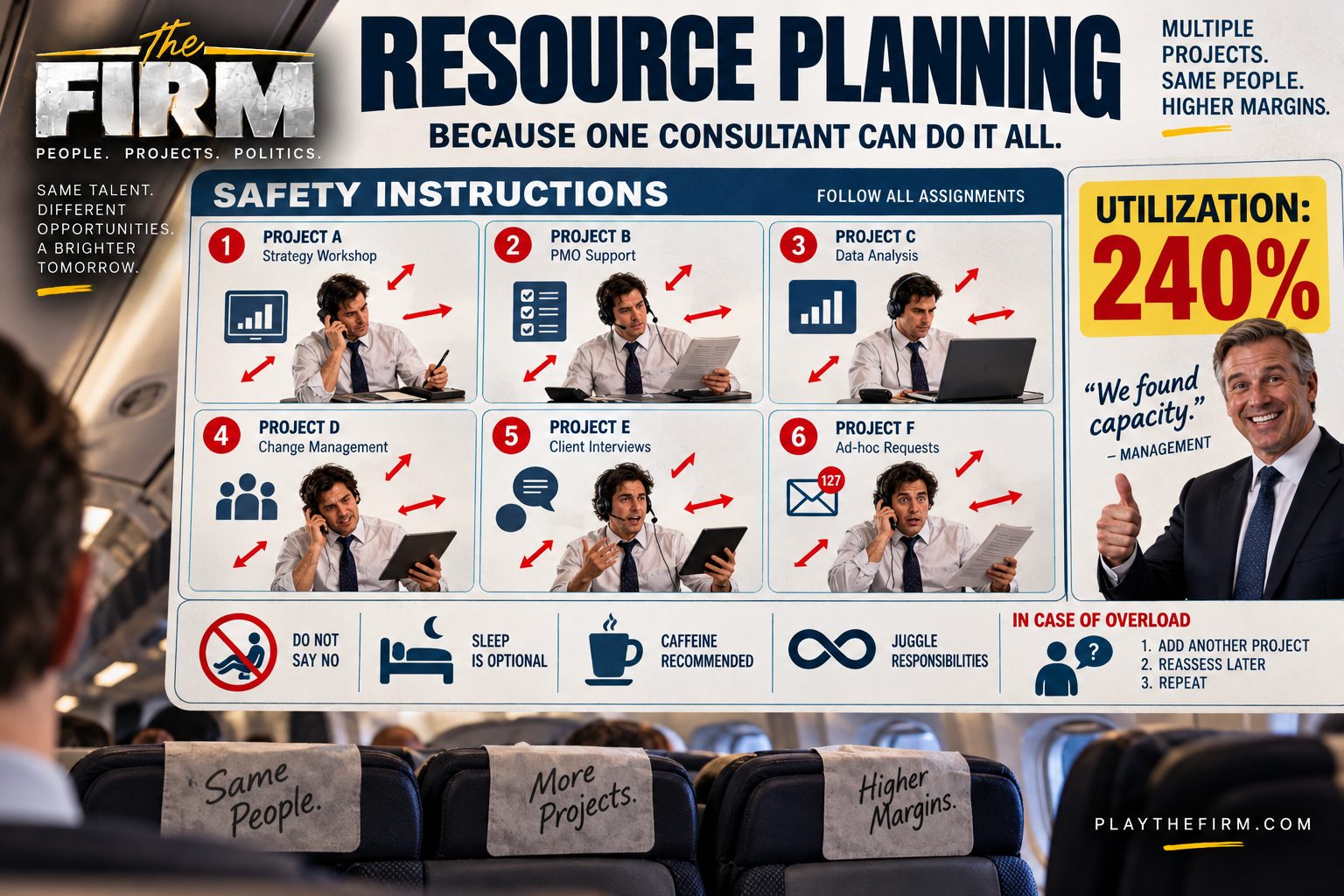 An aircraft safety card headed Resource Planning, Because One Consultant Can Do It All. Six numbered panels show the same consultant working Projects A to F. A yellow box reads Utilization: 240%, and the headrests in the cabin read Same People, More Projects, Higher Margins.