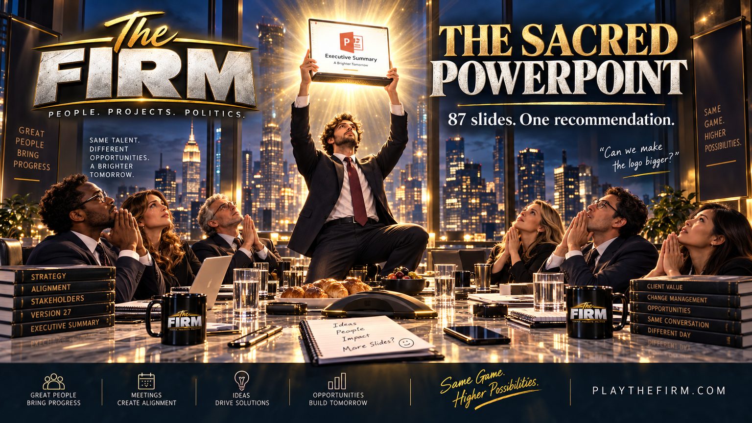 A consultant stands on a boardroom table holding a glowing laptop above his head showing a slide titled Executive Summary, while colleagues around the table clasp their hands as though praying. The headline reads The Sacred PowerPoint: 87 slides, one recommendation.