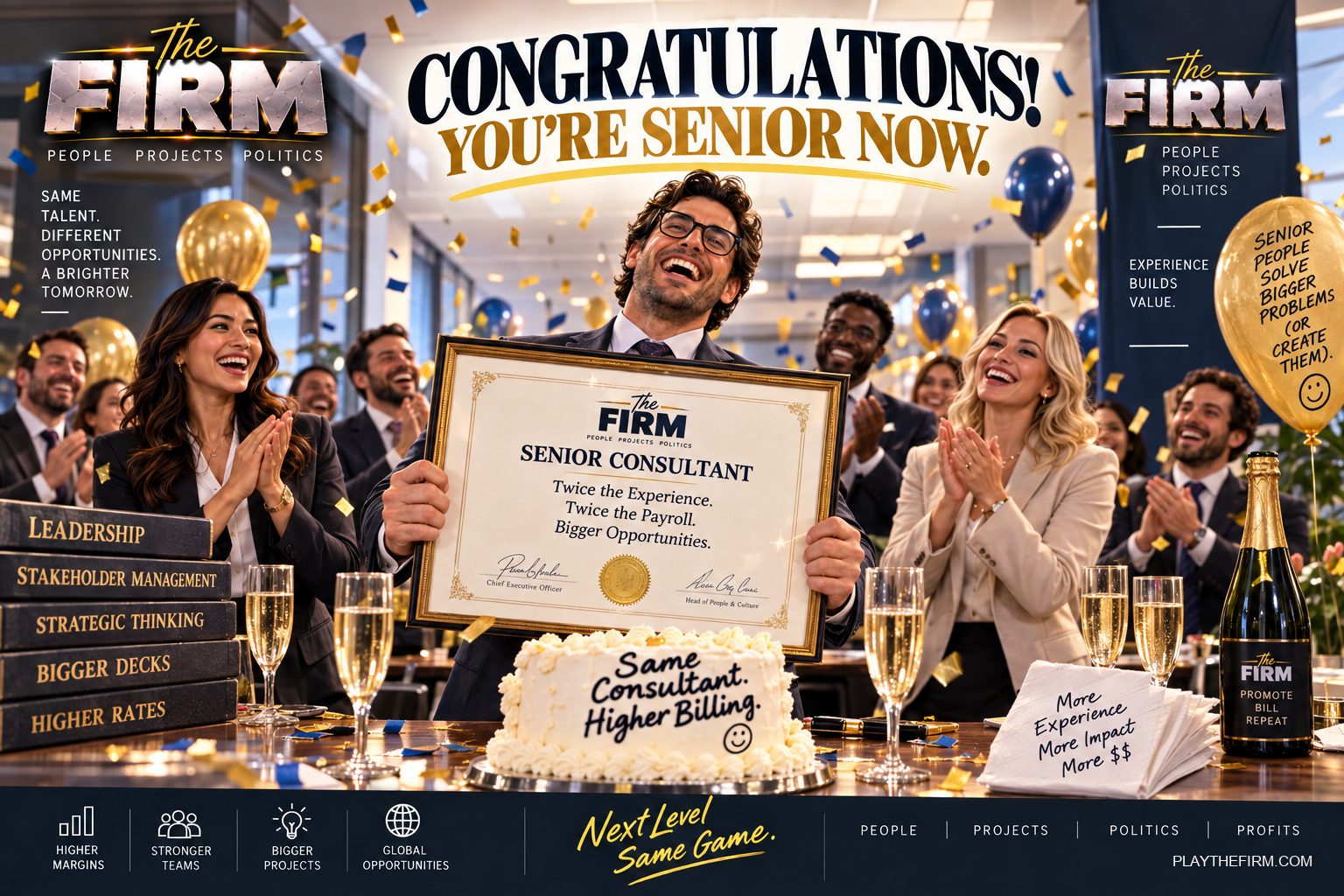 A delighted consultant holds a framed Senior Consultant certificate amid confetti and applauding colleagues. The certificate reads Twice the Experience, Twice the Payroll, Bigger Opportunities. A cake in front of him is iced Same Consultant. Higher Billing.