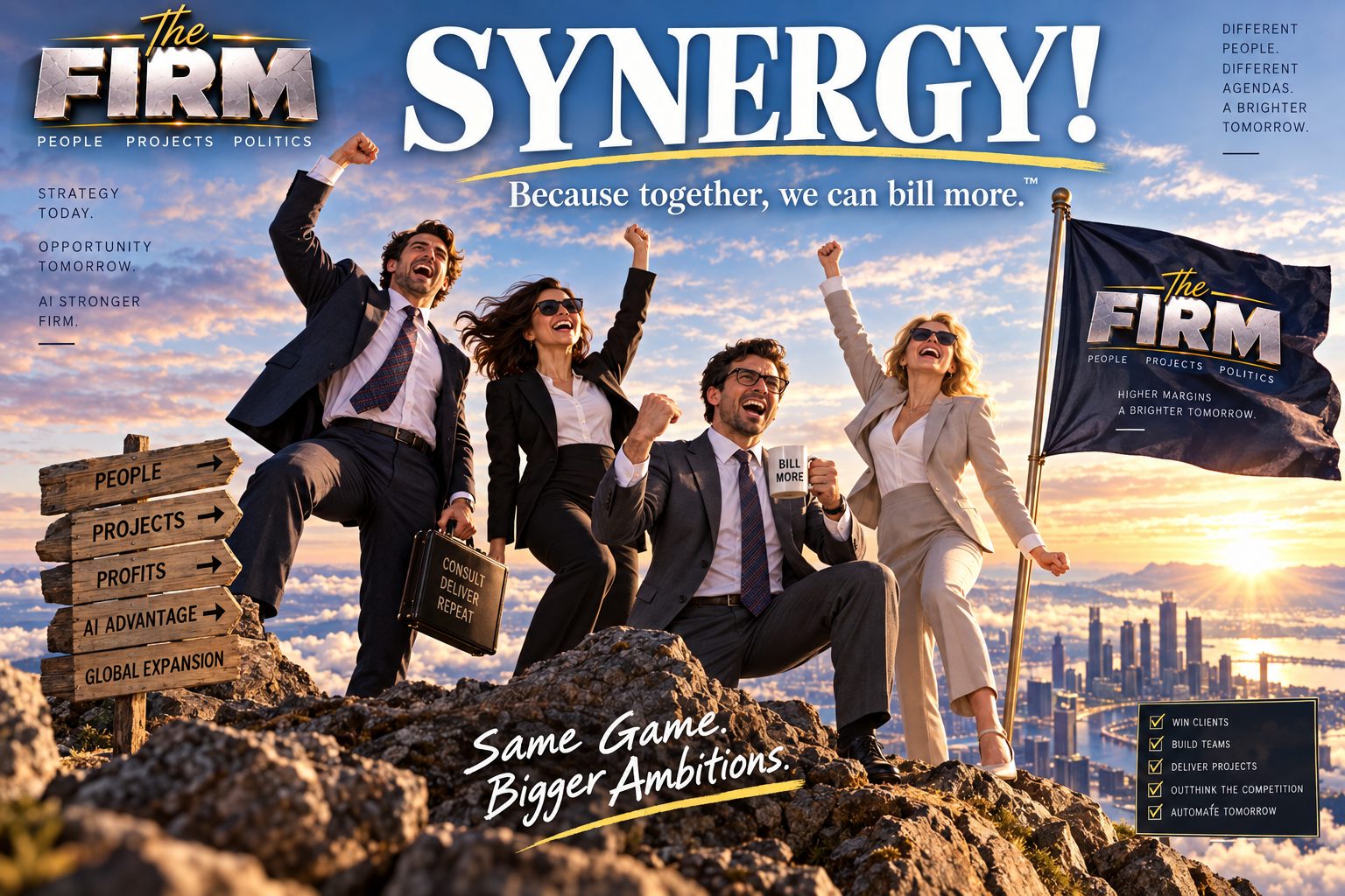 Four consultants in business dress cheer on a mountain summit at sunrise beside a The FIRM flag, one holding a mug reading BILL MORE and a briefcase reading CONSULT DELIVER REPEAT. A wooden signpost points to People, Projects, Profits, AI Advantage and Global Expansion.