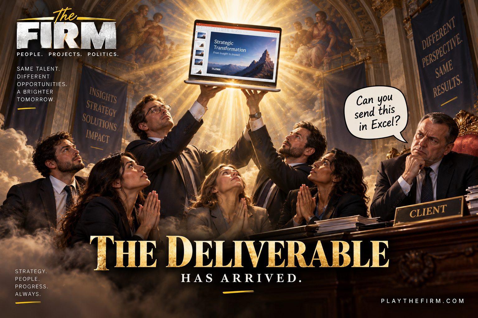 In a frescoed hall, consultants kneel and pray while one holds a glowing laptop aloft showing a slide titled Strategic Transformation. A man at a desk marked Client asks, in a speech bubble, Can you send this in Excel?