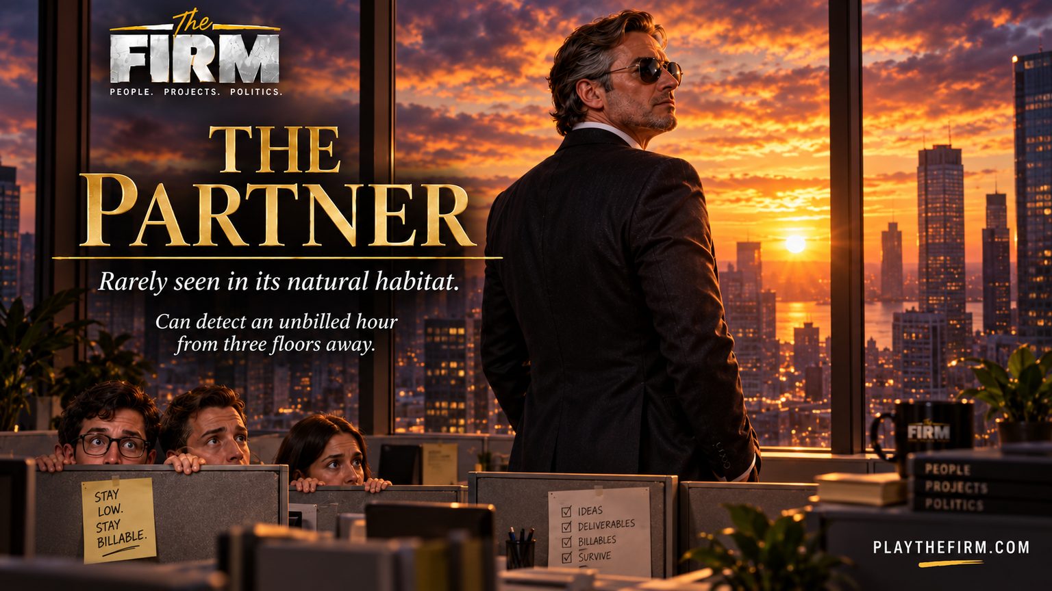 A silver-haired partner in sunglasses stands at a floor-to-ceiling window at sunset with his back to the office. Three consultants peer over their cubicle walls behind him. A sticky note reads Stay Low. Stay Billable. The title reads The Partner: Rarely Seen In Its Natural Habitat.