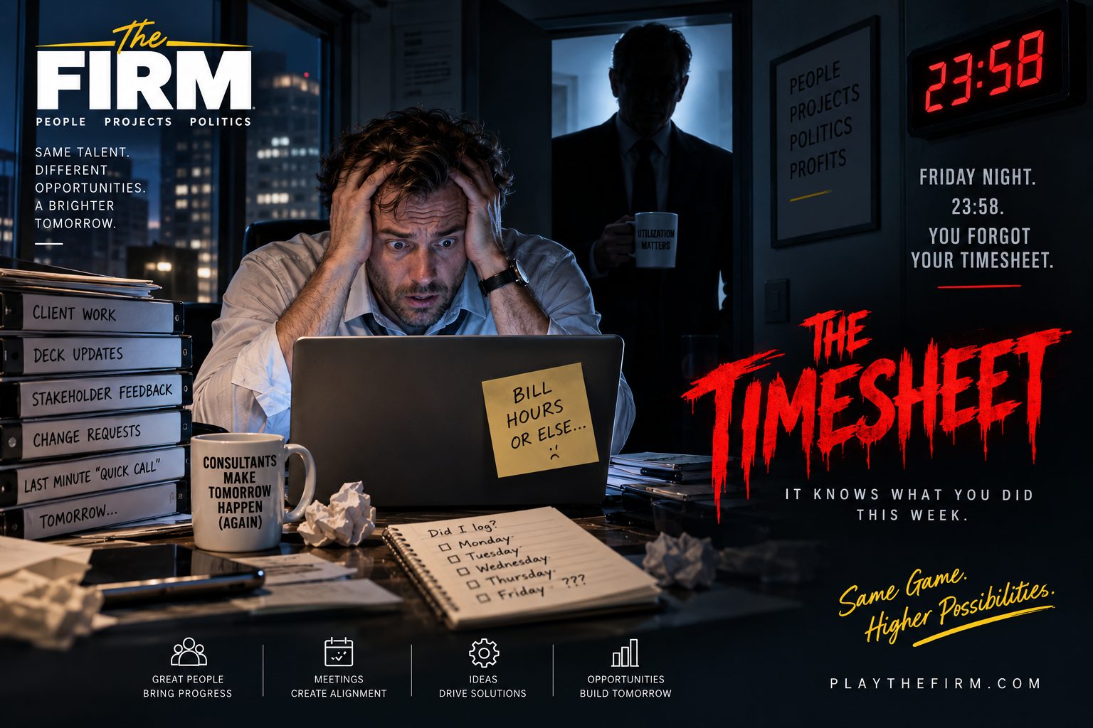 A man grips his head in front of a laptop in a dark office at 23:58, a sticky note on the screen reading Bill Hours Or Else. A figure watches from the doorway holding a mug. The title reads The Timesheet: It Knows What You Did This Week.