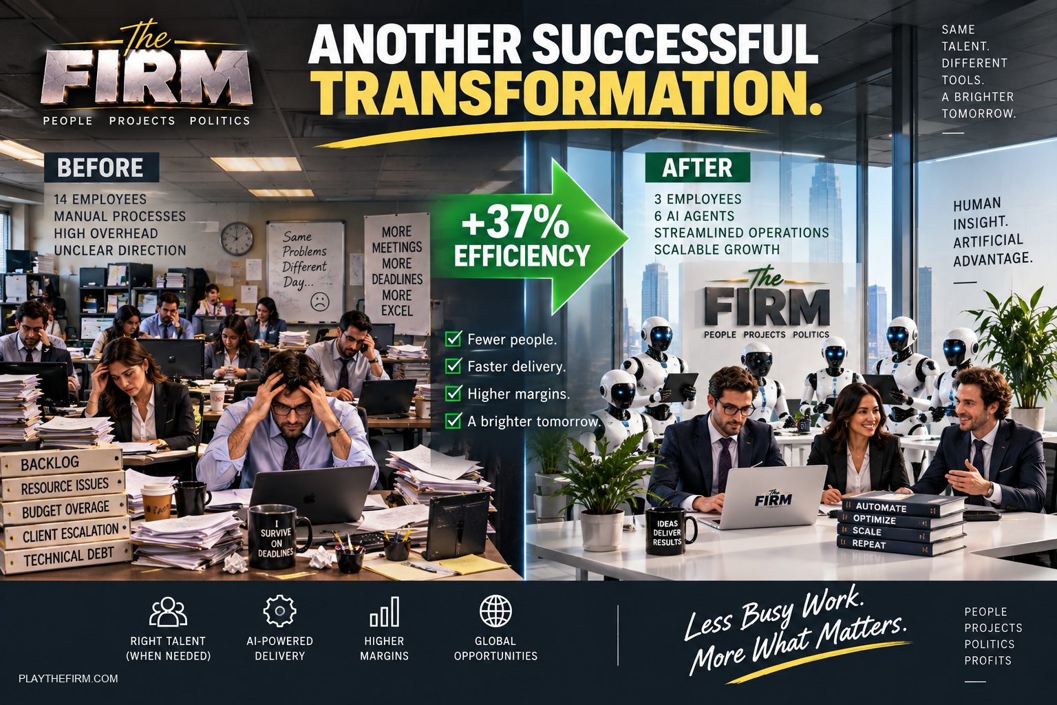 A before-and-after comparison. On the left, exhausted staff buried under folders labelled Backlog, Budget Overage and Technical Debt. On the right, three calm consultants work among humanoid robots. A green arrow between them reads plus 37% efficiency.