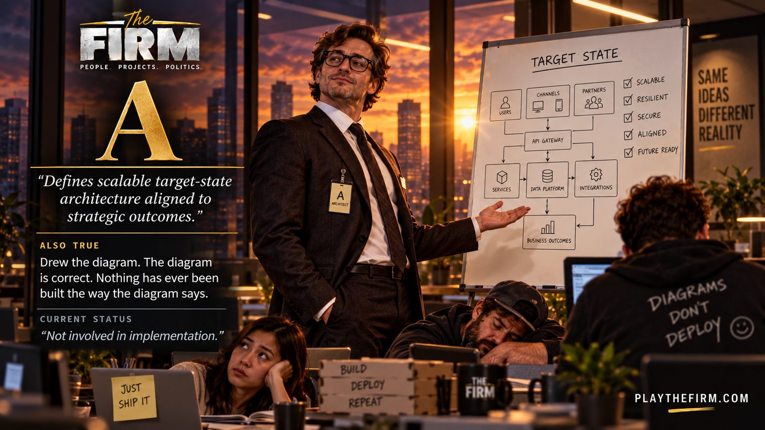 Architect poster. He presents a whiteboard headed TARGET STATE, ticked scalable, resilient, secure, aligned and future ready. Behind him one colleague sleeps and another has written DIAGRAMS DON'T DEPLOY. A sticky note reads JUST SHIP IT. The firm's line: "Defines scalable target-state architecture aligned to strategic outcomes." Also true: Drew the diagram. The diagram is correct. Nothing has ever been built the way the diagram says. Current status: "Not involved in implementation."