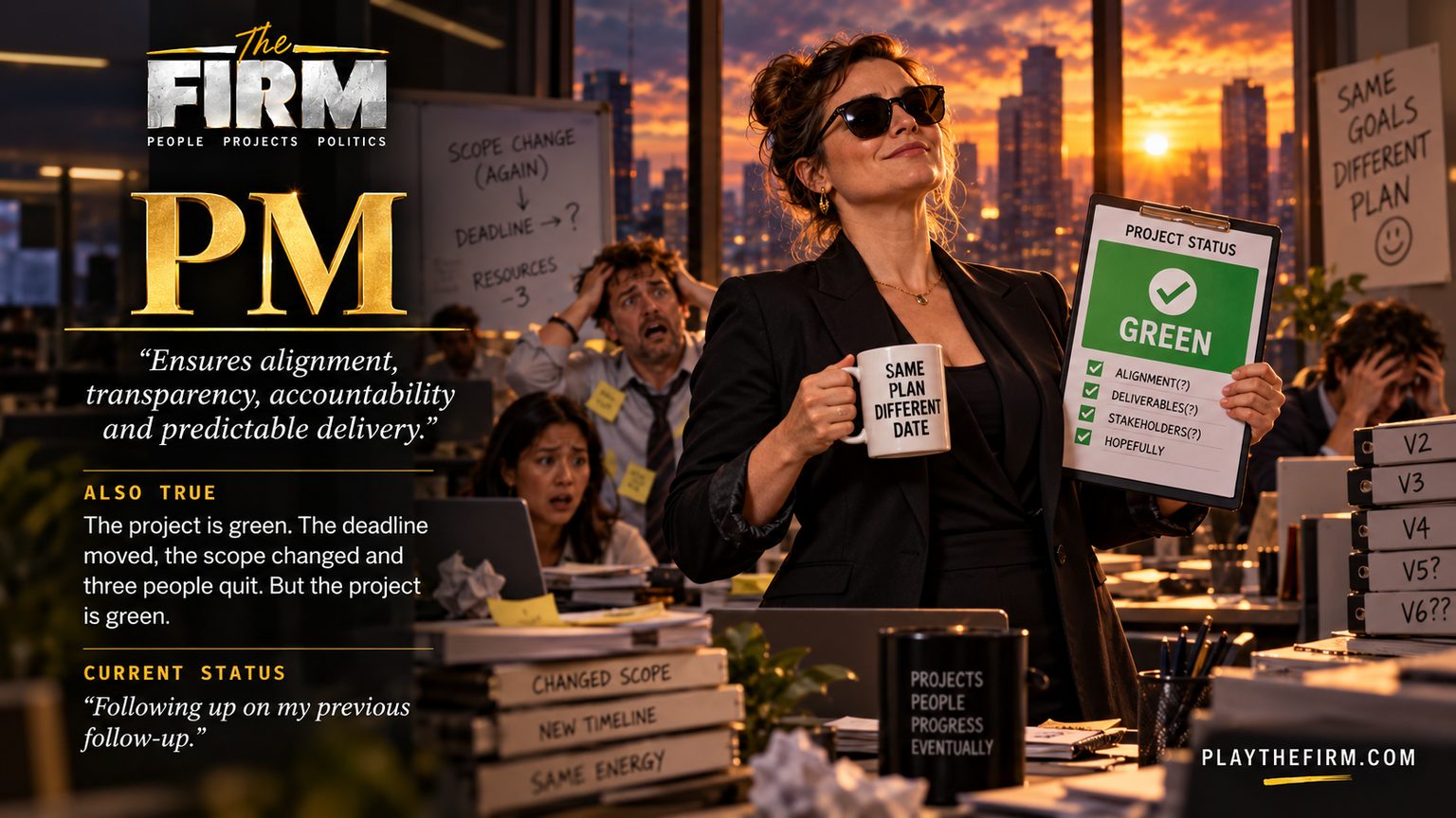 Project manager poster. She holds a clipboard reading PROJECT STATUS: GREEN with every box ticked, while three colleagues behind her clutch their heads. Her mug reads SAME PLAN DIFFERENT DATE and a stack of binders climbs from V2 to V6?? The firm's line: "Ensures alignment, transparency, accountability and predictable delivery." Also true: The project is green. The deadline moved, the scope changed and three people quit. But the project is green. Current status: "Following up on my previous follow-up."