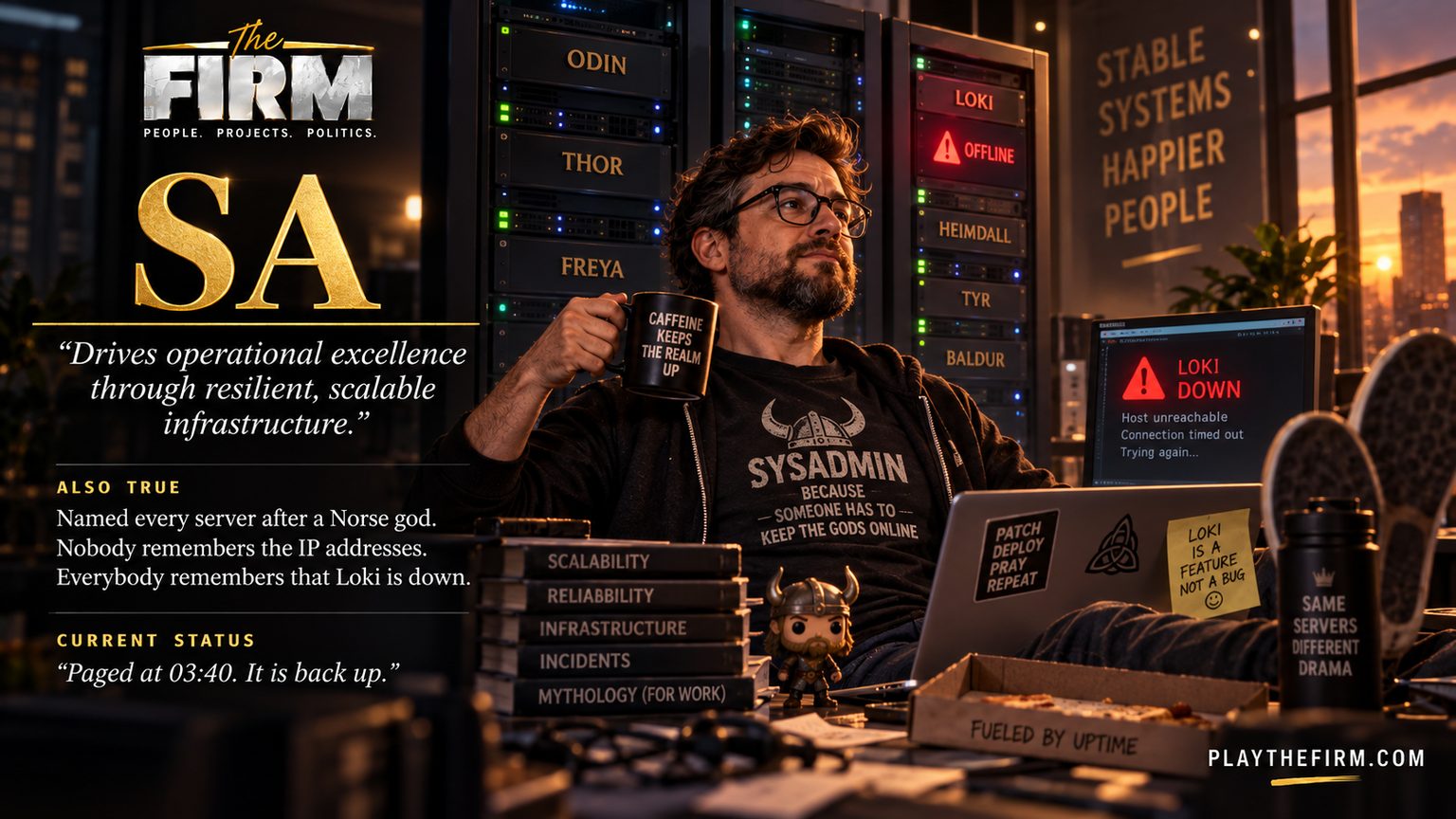 Systems administrator poster. He drinks from a mug reading CAFFEINE KEEPS THE REALM UP in front of a server rack labelled ODIN, THOR, FREYA, HEIMDALL, TYR and BALDUR. The one marked LOKI is red and offline. A sticky note reads LOKI IS A FEATURE NOT A BUG. The firm's line: "Drives operational excellence through resilient, scalable infrastructure." Also true: Named every server after a Norse god. Nobody remembers the IP addresses. Everybody remembers that Loki is down. Current status: "Paged at 03:40. It is back up."